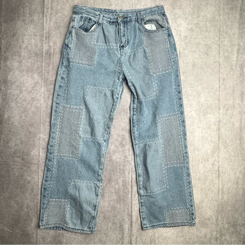 Patchwork Denim Jeans high rise straight leg 90’s grunge wide leg light wash 30 - Picture 2 of 8